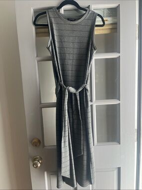 Banana Republic Gray Striped Sleeveless Midi Dress with Tie Waist